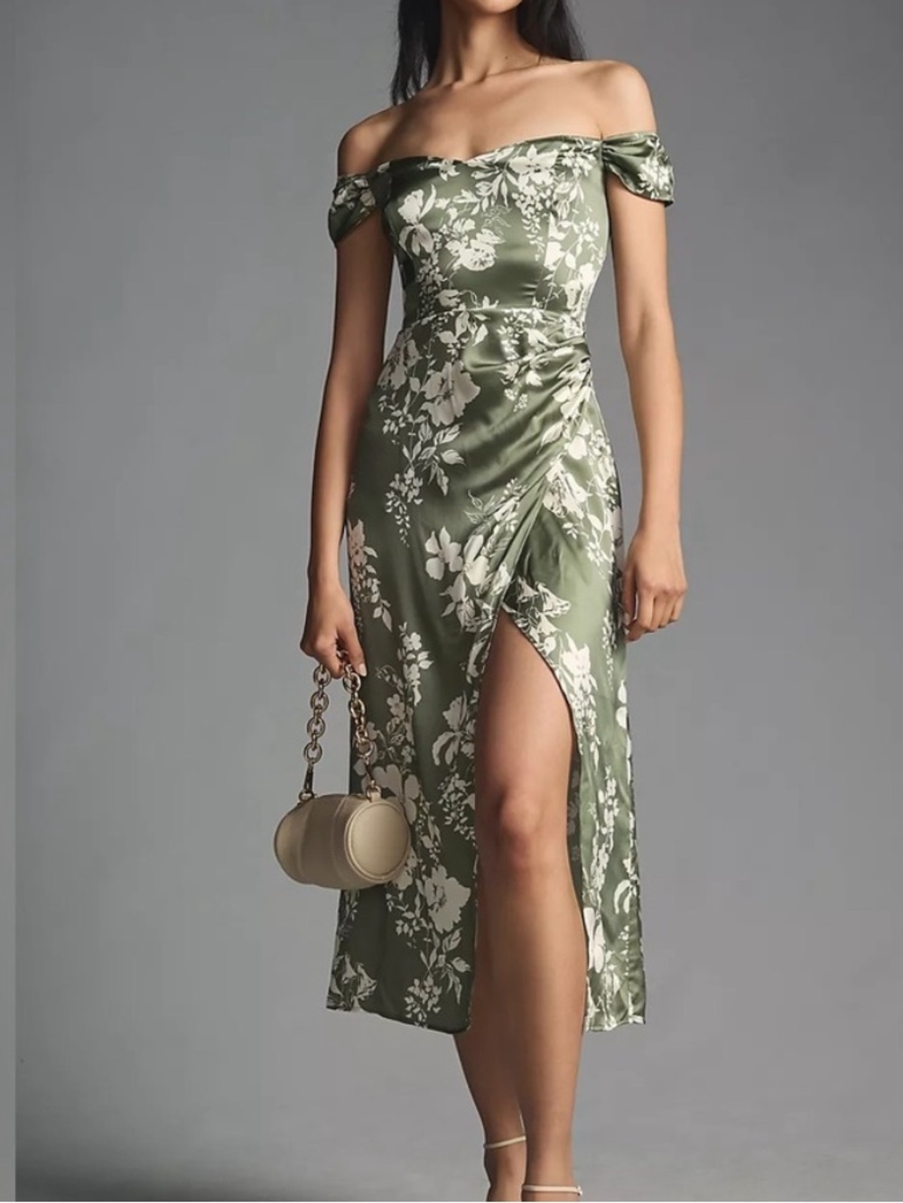 Reformation Olive Green Floral Off-Shoulder Midi Dress